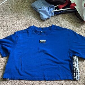 Adidas Blue Cropped Tee with Logo Stripes